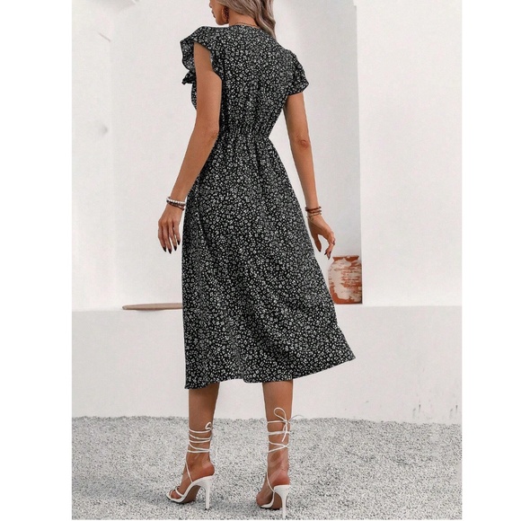 Boho Black Floral V Neck Ruffle Hem Midi Length, A Line Button Up Dress - Picture 5 of 7